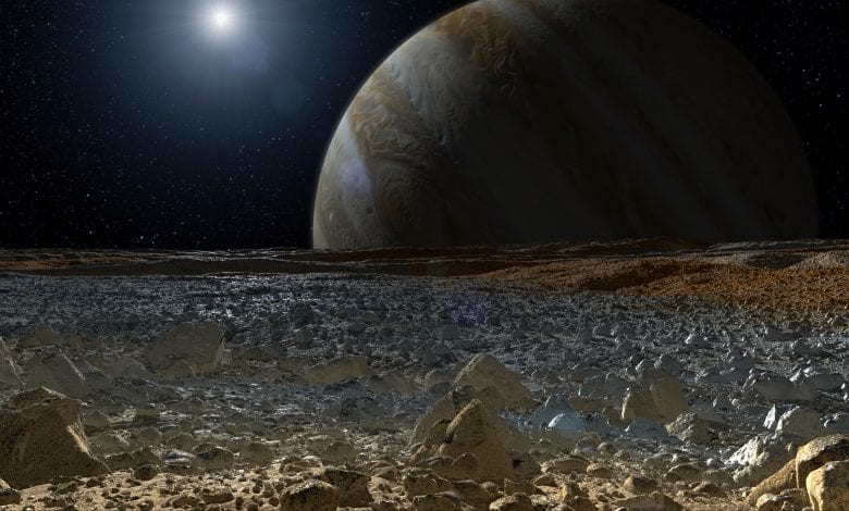 A simulated view from the surface of Europa. Image Credit: NASA.