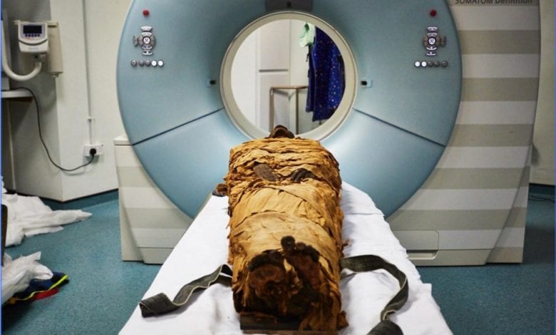 An image of Nesyamun's mummified body before a CT scan. Image Credit: Leeds Teaching Hospitals/Leeds Museums and Galleries.