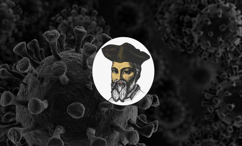 Artists rendering of Nostradamus and the Virus Coronavirus. Shutterstock.