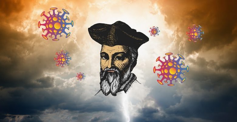 Artists illustration showing Nostradamus and the virus particles on a background. Shutterstock.
