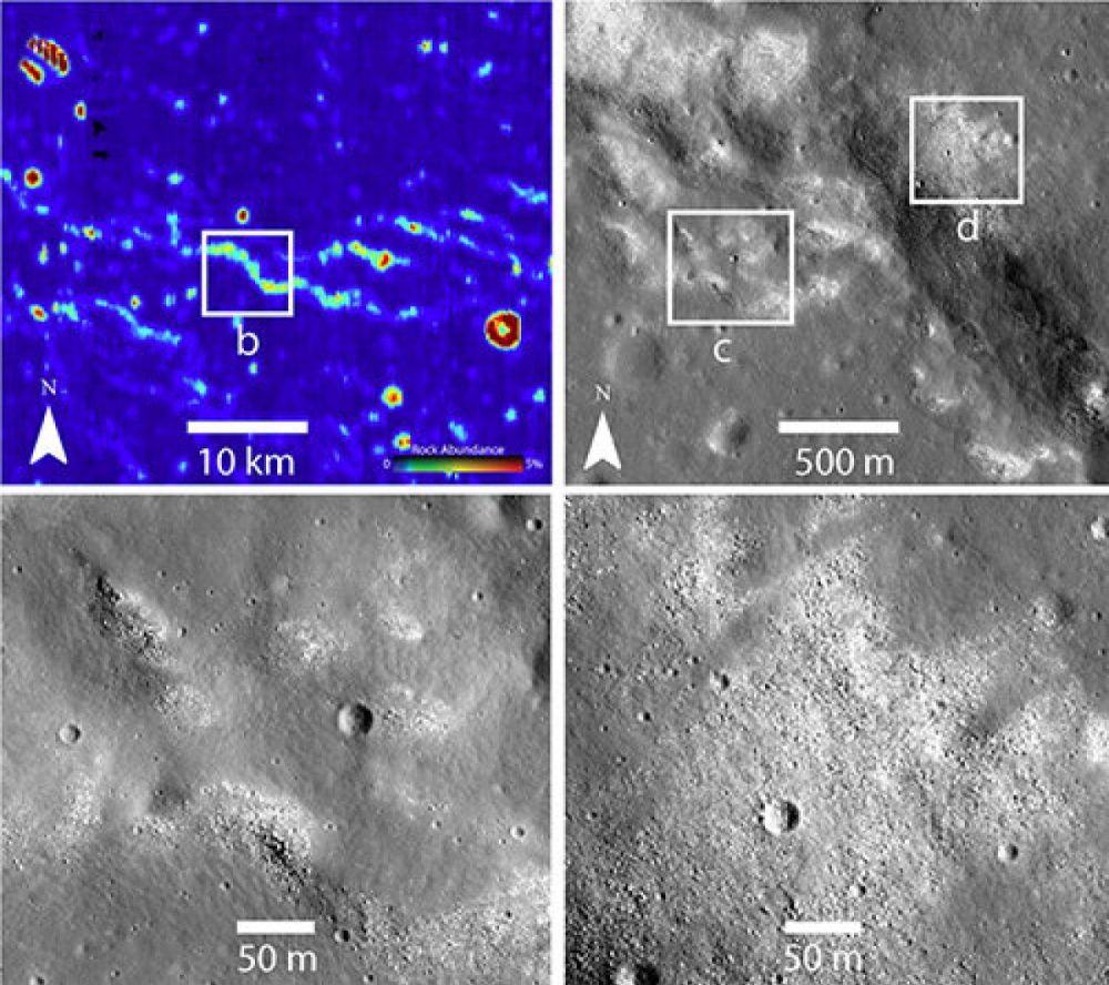 Infrared (upper left) and other images from NASA's Lunar Reconnaissance Orbiter revealed strange bare spots where the Moon's ubiquitous dust is missing. The spots suggest an active tectonic process. Image Credit: Brown University.