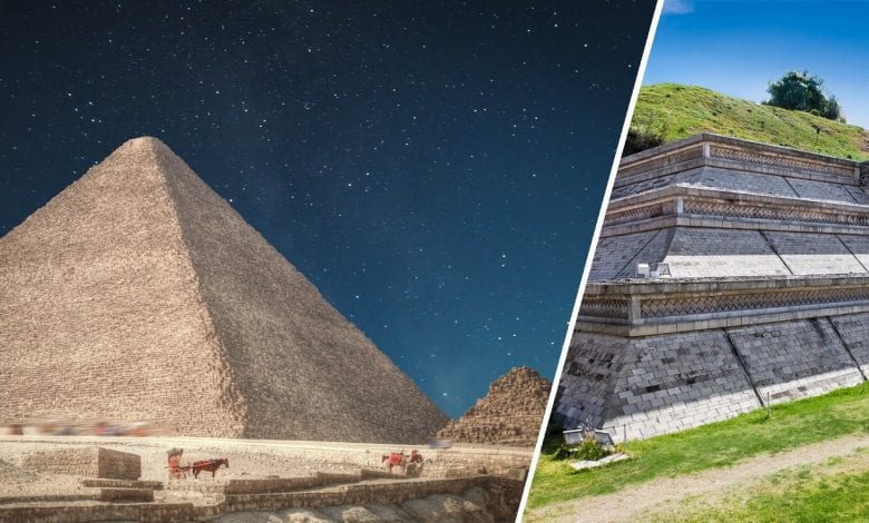 A Side-by-side comparison of the Great Pyramid of Giza and Cholula. Shutterstock / Curiosmos.