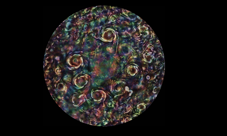 A composite, false color image of Jupiter's North Pole. Image data: NASA/JPL-Caltech/SwRI/MSSS. Image processing by Gerald Eichstädt.