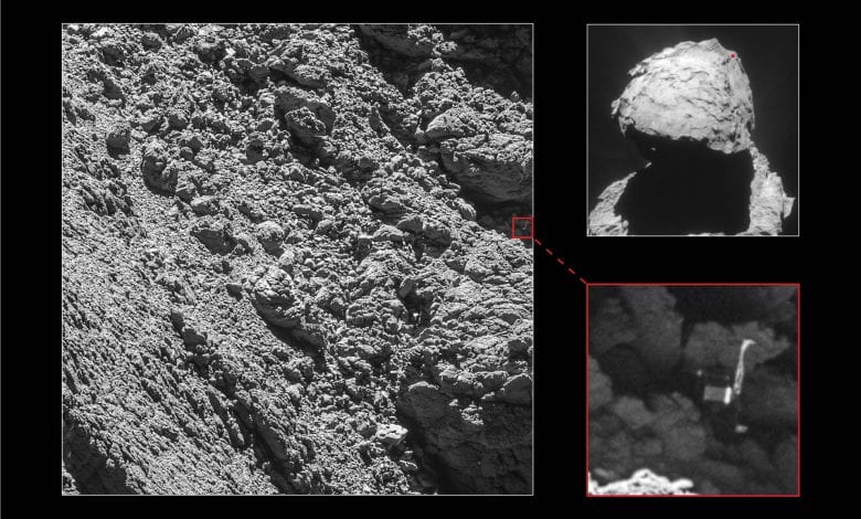 The Philae space probe was identified almost two years after its original impact with the curious comet. Credit: ESA