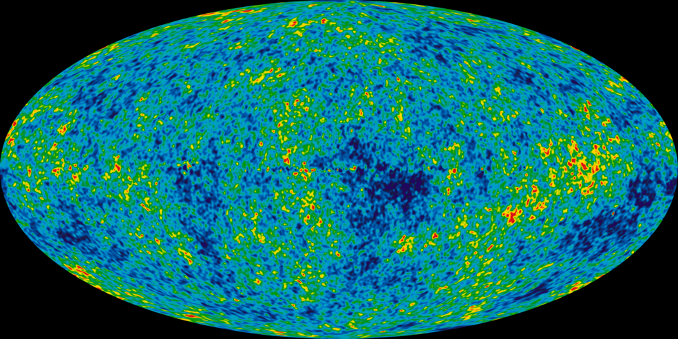 The full-sky image of the temperature fluctuations (shown as color differences) in the cosmic microwave background, made from nine years of WMAP observations. These are the seeds of galaxies, from a time when the universe was under 400,000 years old. Credit: NASA