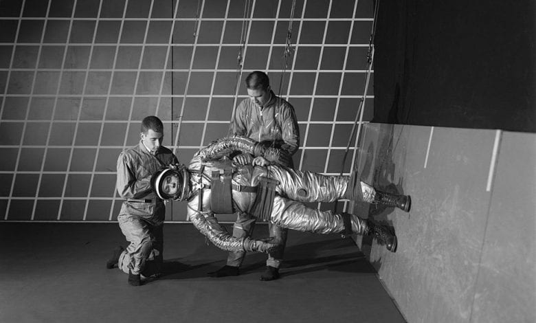 Training in a reduced gravity walking simulator. Credit: NASA