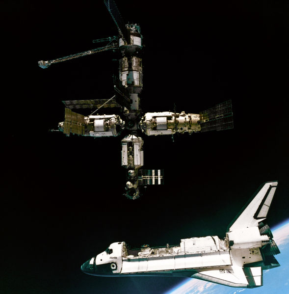 Coupling of the shuttle "Atlantis" with the orbital station "Mir". Credit: NASA