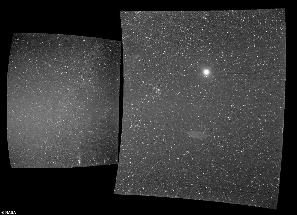 Seen in the center of the right image is Earth as seen from the Parker Solar Probe as it travels towards the sun. Image Credit: NASA