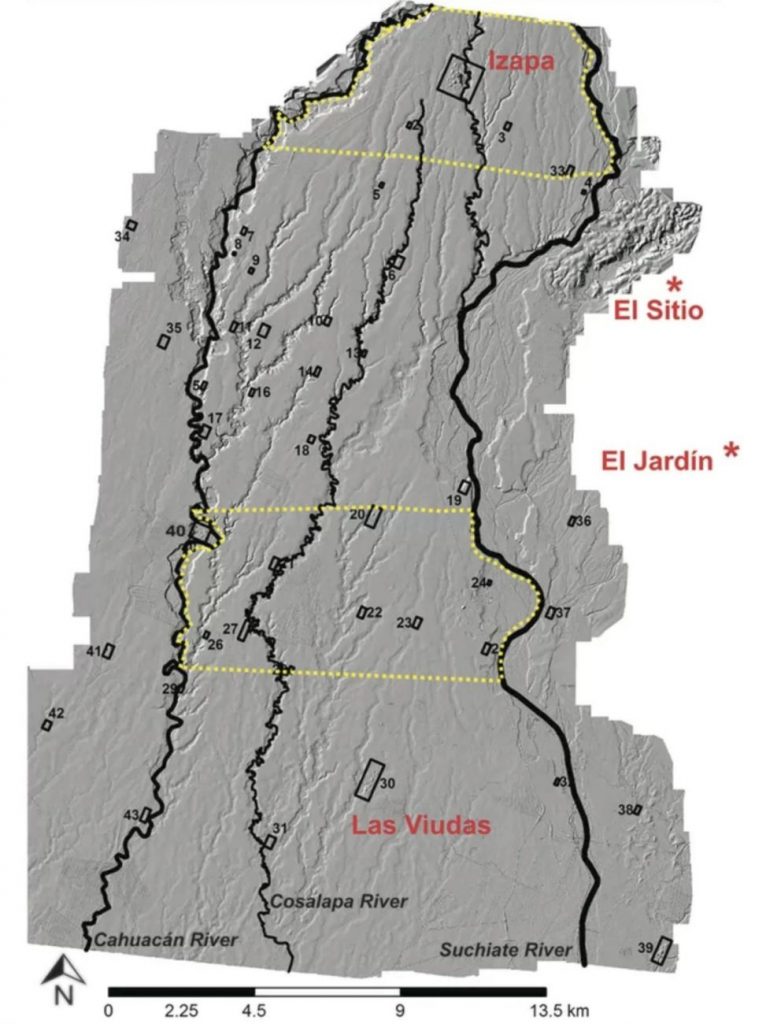 The lidar survey documented 37 settlements in Mexico and four just across the border in Guatemala that were all arranged according to a similar pattern as Izapa. Iamge Credit: Antiquity, Rosenswig 2018