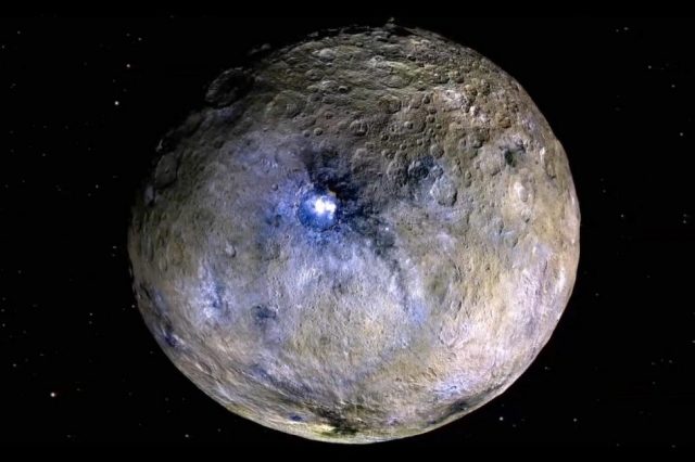 Dwarf planet Ceres is shown in these false-color renderings, which highlight differences in surface materials. Image Credit: NASA/JPL-CalTech/UCLA/MPS/DLR/IDA