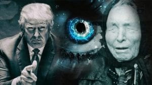 Photo collage of Baba Vanga and president Donald Trump, with a "seeing" eye in between them.