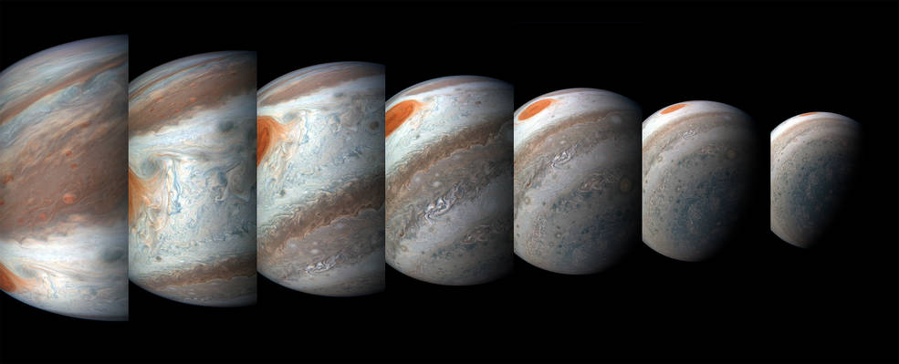 From left to right, this sequence of images was taken between 2:57 a.m. and 3:36 a.m. PDT (5:57 a.m. and 6:36 a.m. EDT) on April 1, 2018, as the spacecraft performed its 12th close flyby of Jupiter. Image Credit: NASA/JPL-Caltech/SwRI/MSSS/Gerald Eichstädt/Seán Doran.