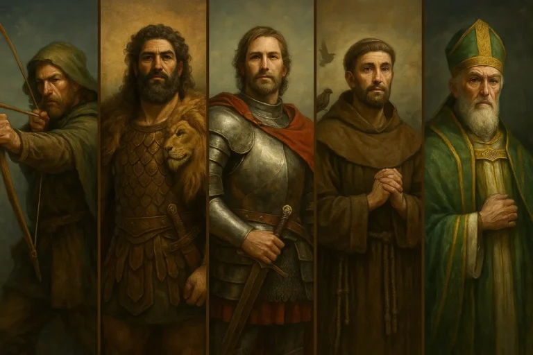 An illustration showing 5 Ancient superheroes from history.
