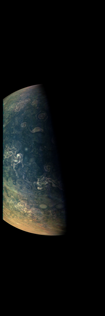 Jupiter's northern circumpolar cyclones. The image was taken at 5:42 p.m. PDT (8:42 p.m. EDT) on Sept. 6, 2018, as the spacecraft performed its 15th close flyby of Jupiter. Image Credit: NASA/JPL-Caltech/SwRI/MSSS/Gerald Eichstädt.