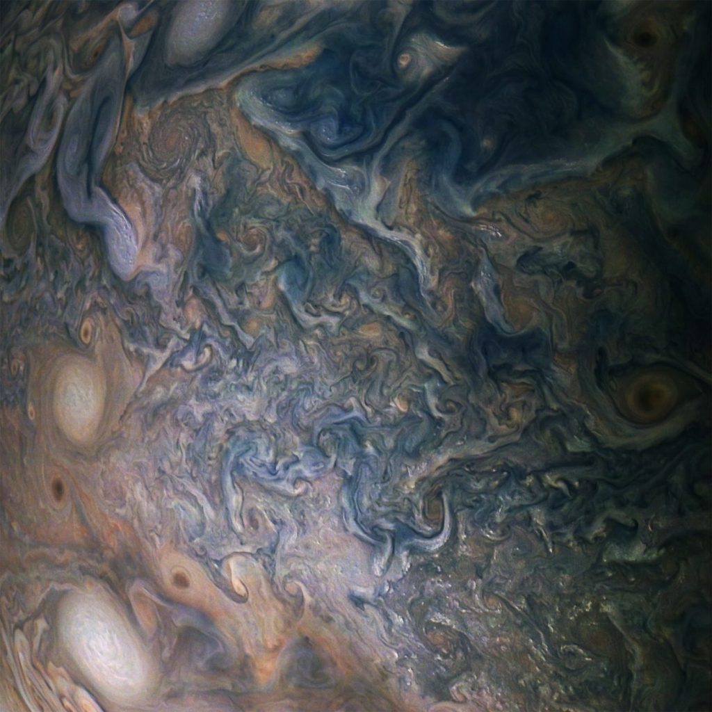 This color-enhanced image was taken at 1:55 p.m. PDT (4:55 p.m. EDT) on Oct. 29, 2018, as the spacecraft performed its 16th close flyby of Jupiter. Image Credit: NASA/JPL-Caltech/SwRI/MSSS/Gerald Eichstädt/Seán Doran.