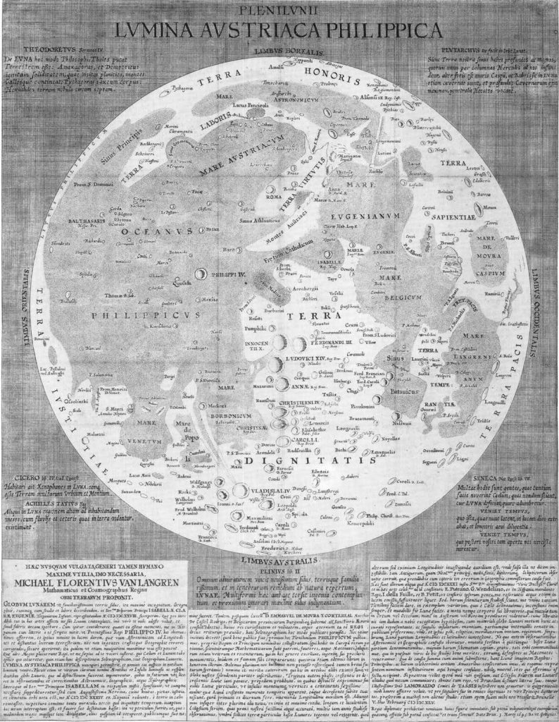 Map of the Moon by Michael van Langren (1655). Image Credit: Wikimedia Commons.