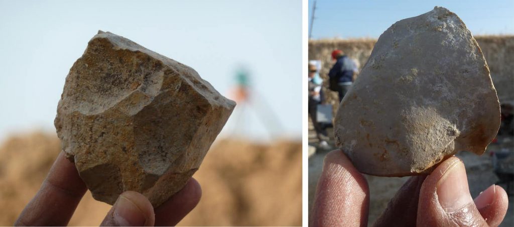 Two examples of stone tools from Ain Boucherit. An Oldowan core from which sharp-edged cutting flakes were removed (left). Sharp-edged cutting flake that may be used for butchery activities on the bones (right). Image Credit: Mohamed Sahnouni.