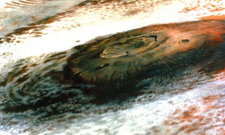 The solar system’s largest volcano Olympus Mons on Mars, seen by Viking 1. Image Credit: NASA/JPL.