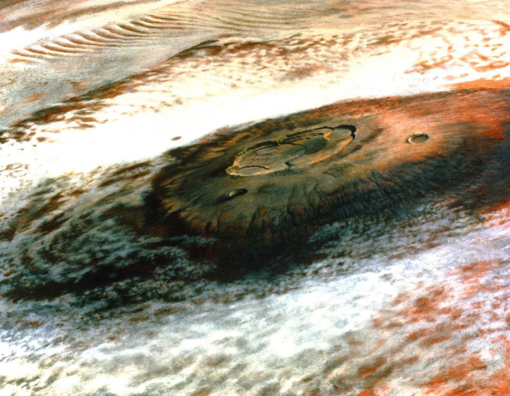 The solar system’s largest volcano Olympus Mons on Mars, seen by Viking 1. Image Credit: NASA/JPL.