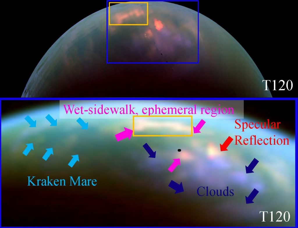 Titan’s north pole as seen by the Cassini Visual and Infrared Mapping Spectrometer. Image Credit: NASA/JPL/University of Arizona/University of Idaho.