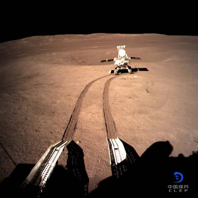 An Image taken by the Chang'e 4 lander, showing the Yutu-2 rover exploring the far side of the moon. Image Credit: CNSA.