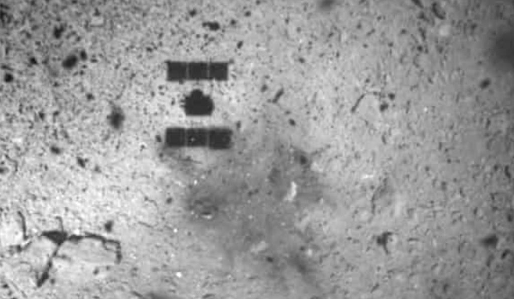 Seen here is the Hayabusa 2 space probe after successfully landing on Ryugu. Image Credit: Japan Aerospace Exploration Agency (JAXA).