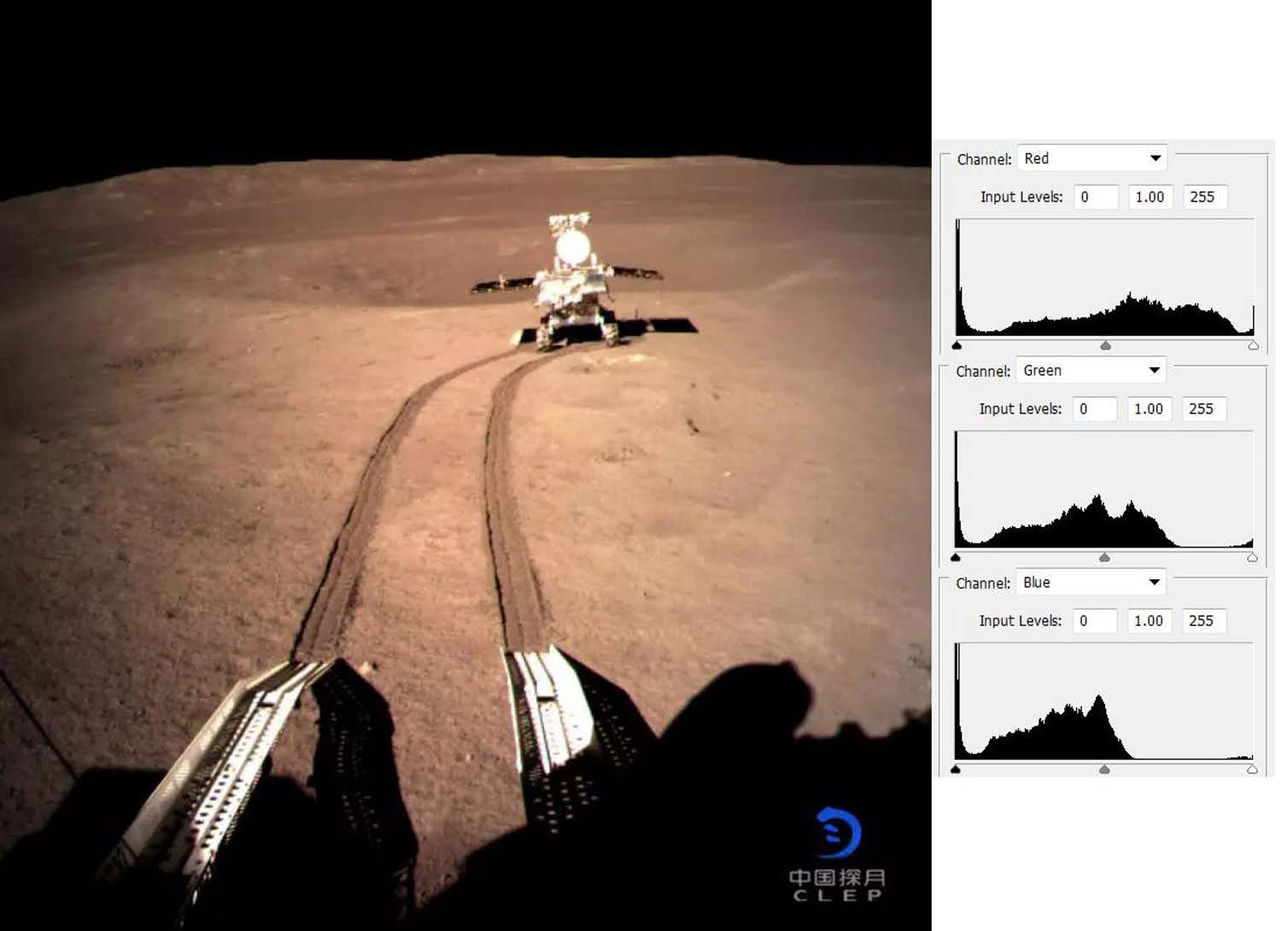 Raw Change'4 image, showing the Yutu 2 rover. Histograms of the red, green and blue channels are shown on the right. Image Credit: CNSA/HANDOUT/EPA