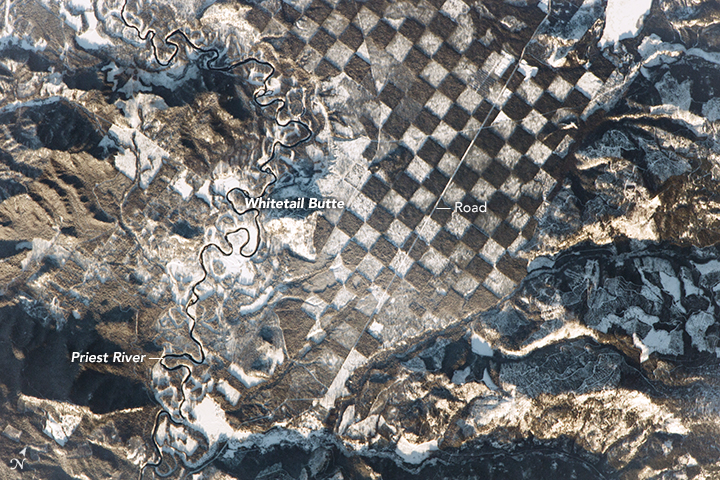 An astronaut aboard the International Space Station observed this distinctive checkerboard pattern alongside the Priest River in northern Idaho. Image Credit: NASA.