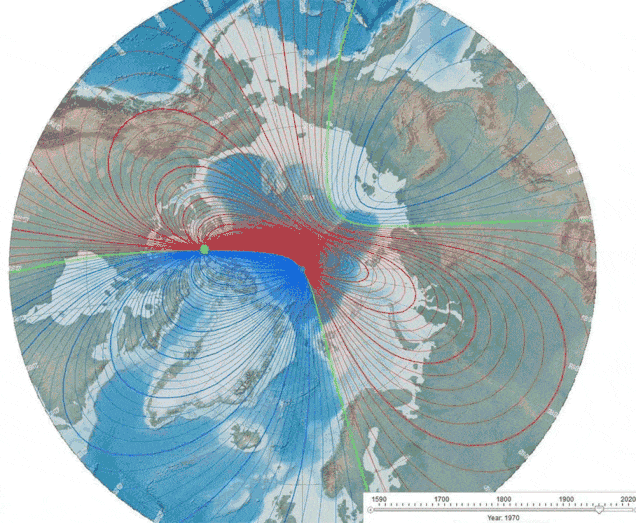 The movement of the Earth's magnetic north. Image Credit: NOAA National Centers for Environmental Information.
