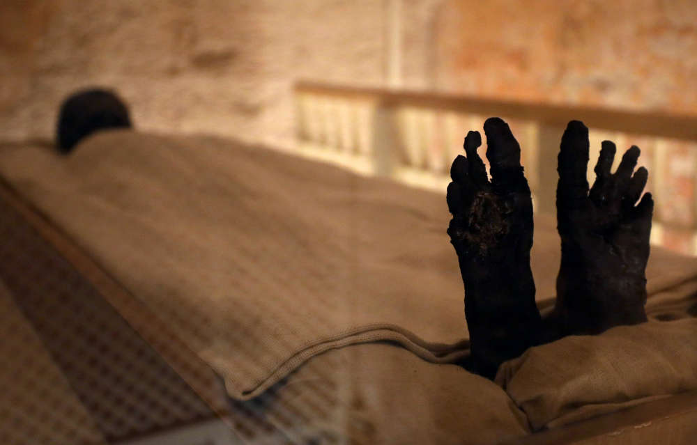 The mummy of boy pharaoh King Tutankhamun is on display in his newly renovated tomb in the Valley of the Kings in Luxor, Egypt January 31, 2019. Image Credit: REUTERS/Mohamed Abd El Ghany.