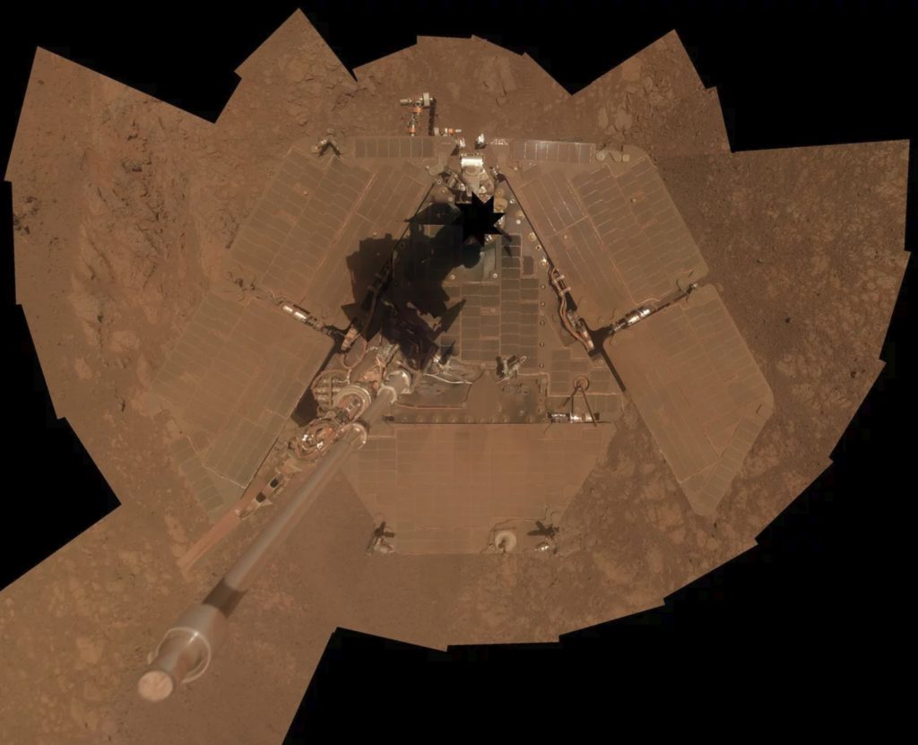 Opportunity recorded the component images for this self-portrait about three weeks before completing a decade of work on Mars. NASA/JPL-Caltech/Cornell University/Arizona State University.