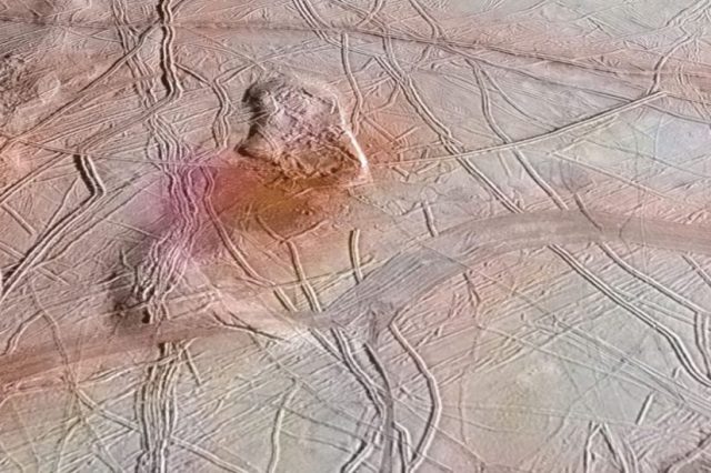 The surface of Jupiter's Icy Moon Europa. NASA/JPL-CALTECH/KEVIN M. GILL.