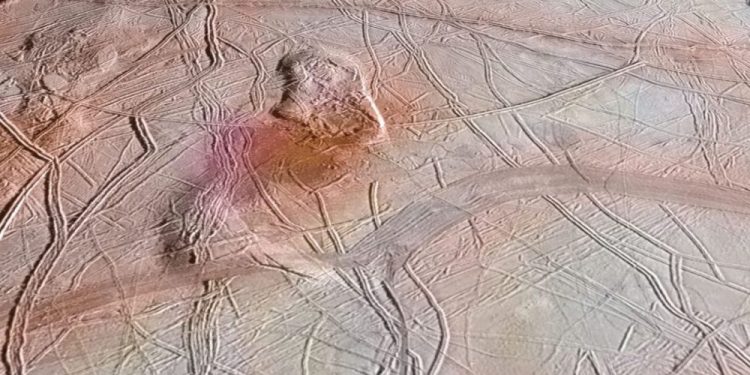 The surface of Jupiter's Icy Moon Europa. NASA/JPL-CALTECH/KEVIN M. GILL.