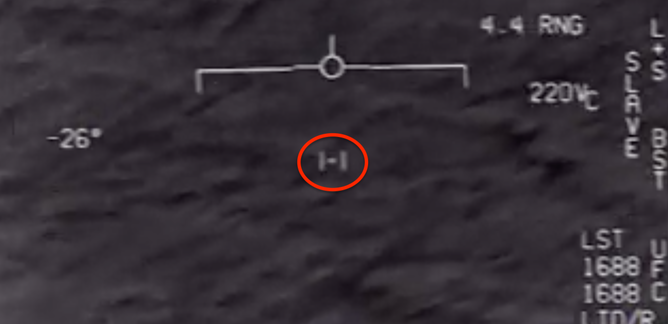 US F/A-18 footage of a UFO (circled in red). Creative Commons Attribution-Share Alike 4.0 International license. Parzival191919, CC BY-NC-SA 4.0.