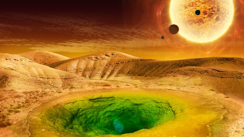 This image is an artist's conception of what life could look like on the surface of a distant planet. Image Credit: NASA.