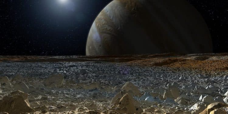 A simulated view from the surface of Europa. Image Credit: NASA.