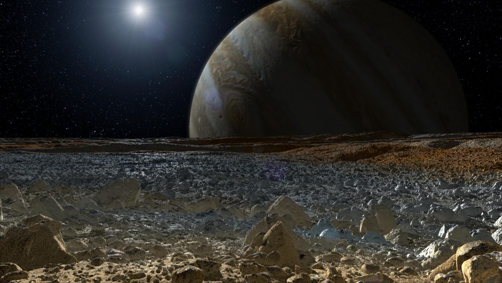 A simulated view from the surface of Europa. Image Credit: NASA.
