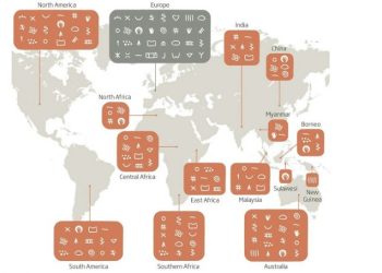 Ancient cave symbols might form a global language. We see Hashtags appearing on multiple continents, and we also have penniforms (feather shapes), claviforms (key shapes), as well as hand stencils among the numerous recurring symbols. Image Credit: Geneviève von Petzinger.