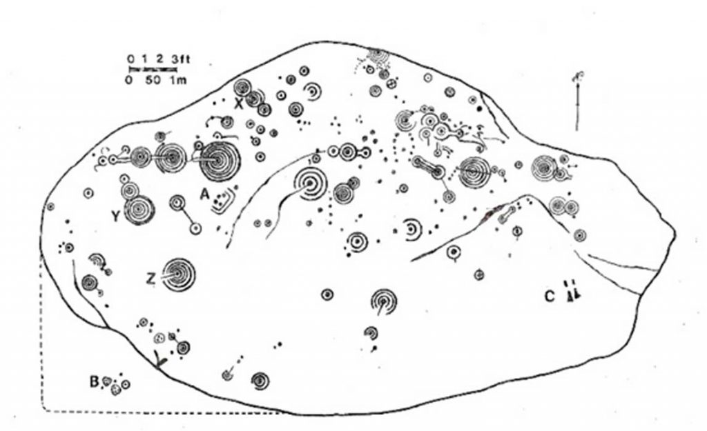 Map of the carved symbols on the Cochno Stone. Image redit: The Modern Antiquarian.
