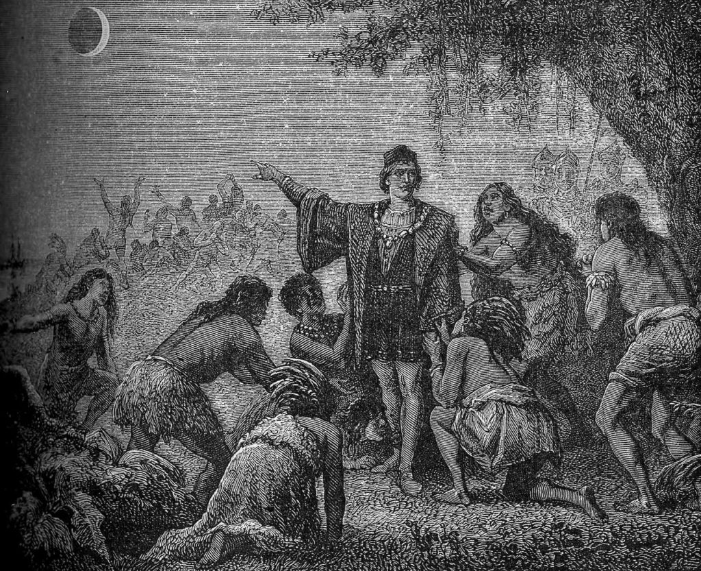 Depicted here is a drawing from an 1879 edition of L'Astronomie, showing Christopher Columbus foretelling the lunar eclipse to the native Arawak. Image Credit: Wikimedia Commons. Public Domain