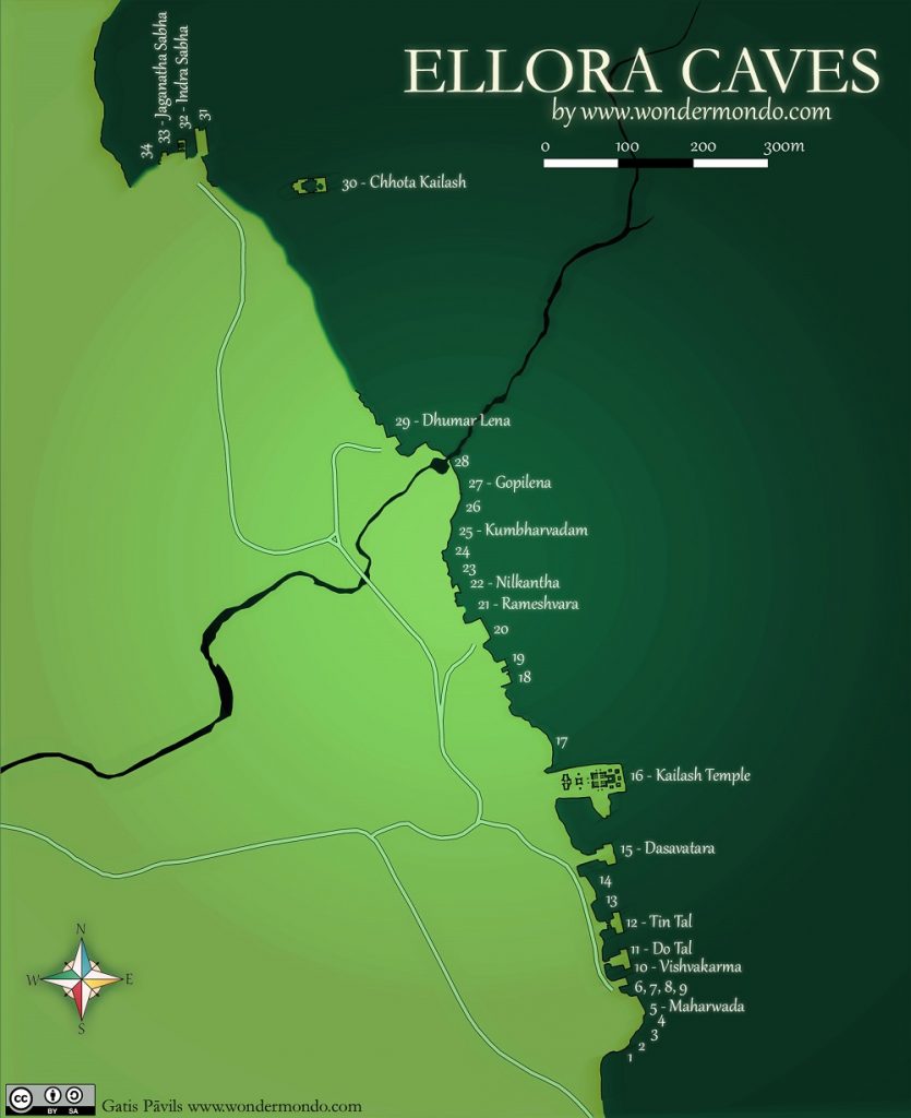 Ellora Caves, general map (the rock is depicted as dark green). Image Credit: Wikimedia Commons.