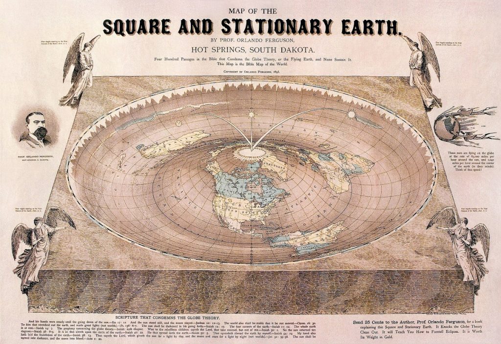 Flat Earth map drawn by Orlando Ferguson in 1893. The map contains several references to biblical passages as well as various jabs at the "Globe Theory". Image Credit: Wikimedia Commons.