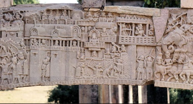 One of the reliefs at the Great Stupa of Sanchi in Madhya Pradesh. Image Credit: Wikimedia Commons.