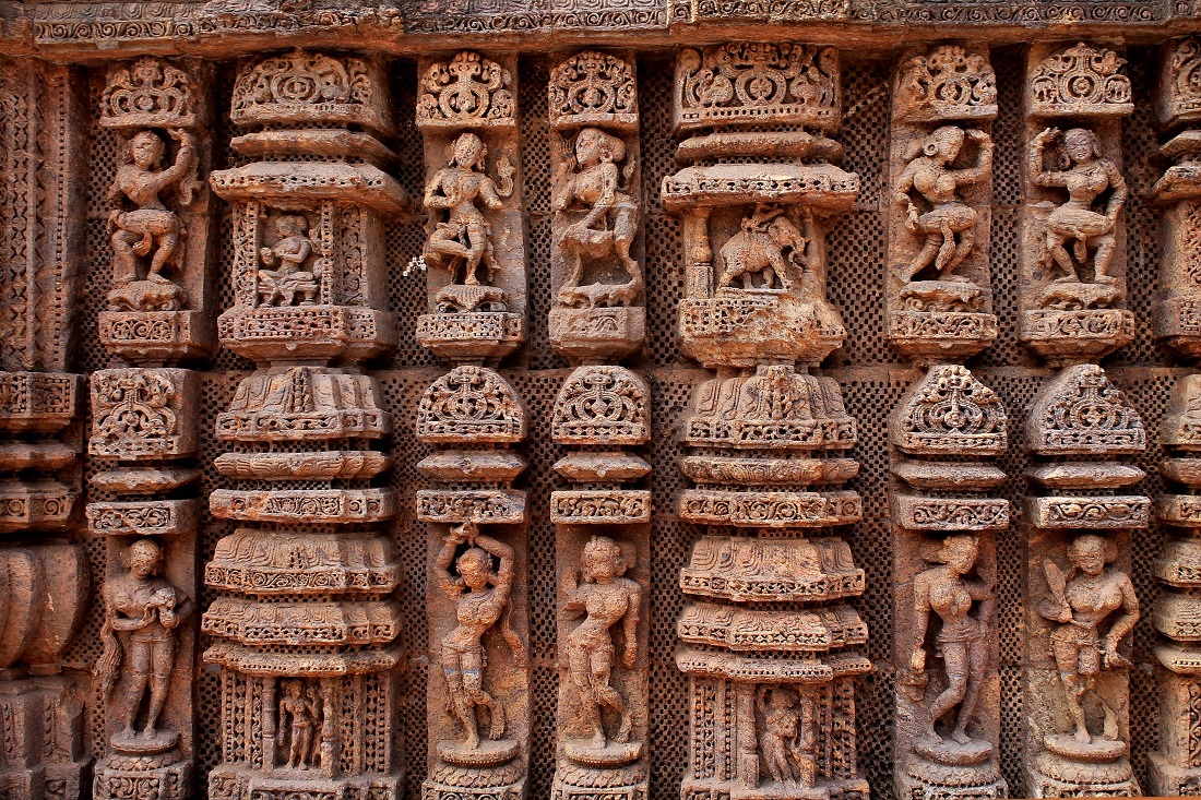 Carvings on the Konark Sun Temple, a 13th-century AD Sun Temple at Konark in Odisha, India.