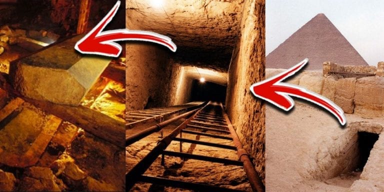 Composite image showing a ladder descending into a stone shaft beside a pyramid, with red arrows marking the views.