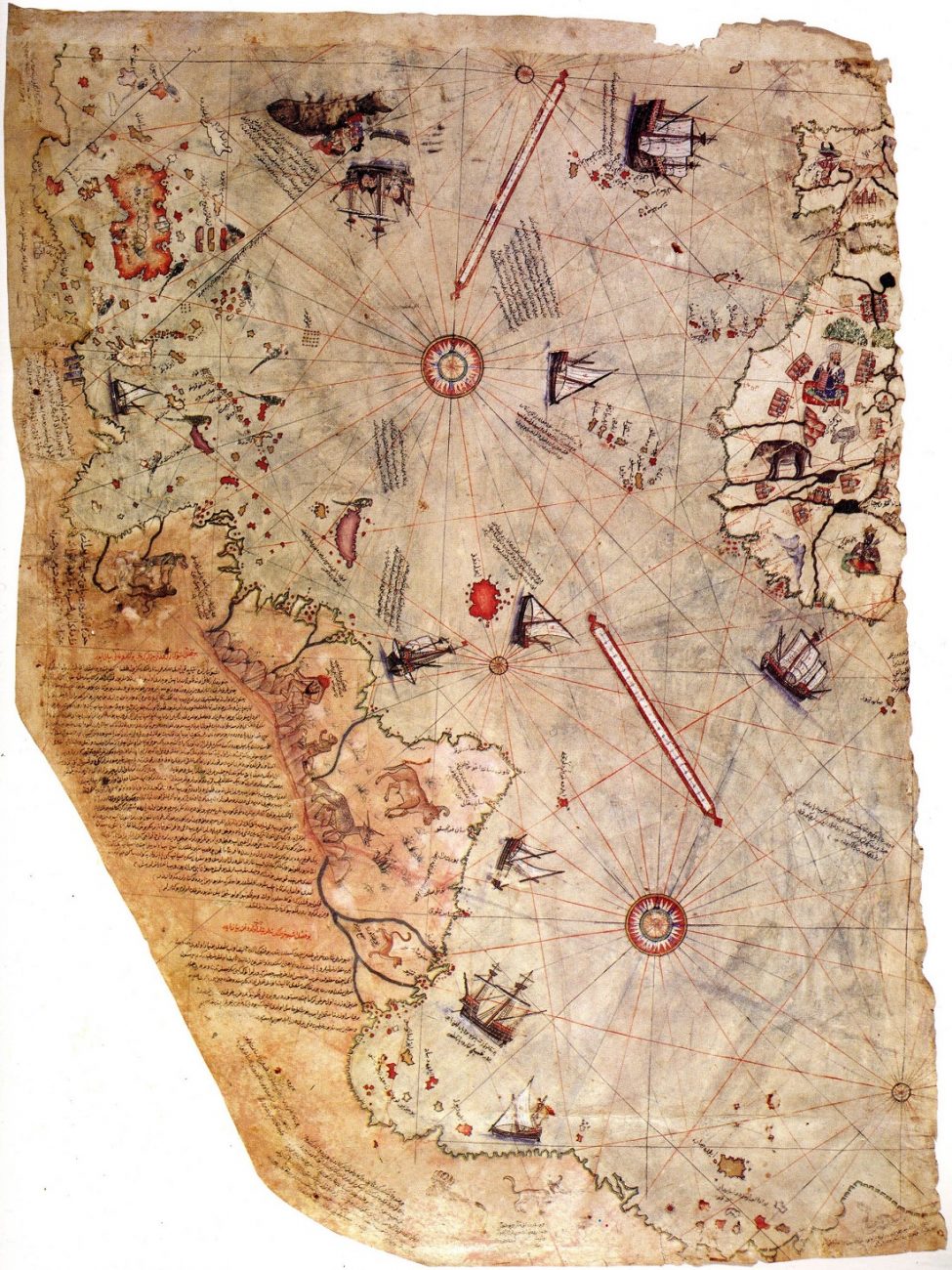 Surviving fragment of the Piri Reis map showing the Central and South American coast. The appended notes say "the map of the western lands drawn by Columbus." Image Credit: Wikimedia Commons.