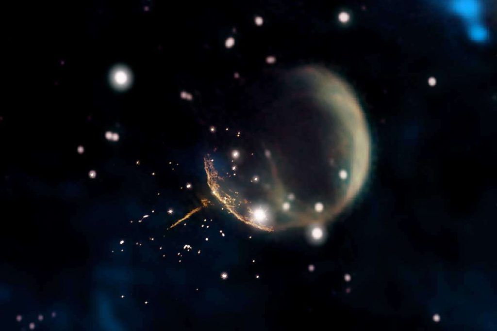 The pulsar is leaving a glowing tail as it races through the Milky Way. Image Credit: Composite by Jayanne English, University of Manitoba; F. Schinzel et al.; NRAO/AUI/NSF; DRAO/Canadian Galactic Plane Survey; and NASA/IRAS.