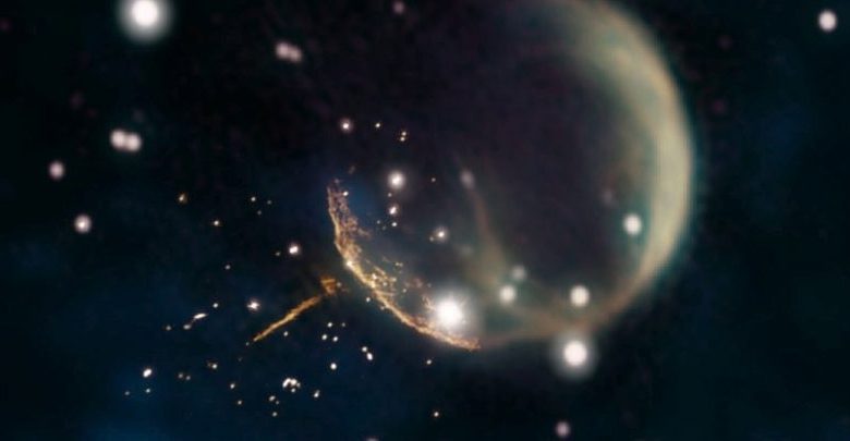 Image Credit: Composite by Jayanne English, University of Manitoba; F. Schinzel et al.; NRAO/AUI/NSF; DRAO/Canadian Galactic Plane Survey; and NASA/IRAS.