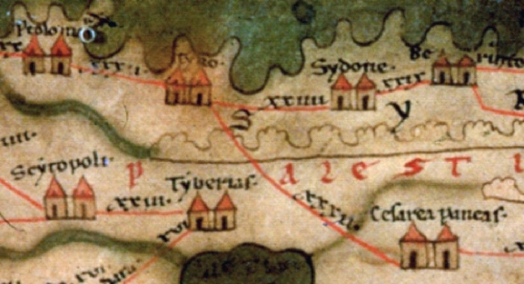 The Peutinger Map showing Tyre and Sidon in the 4th century. Image Credit: Wikimedia Commons.