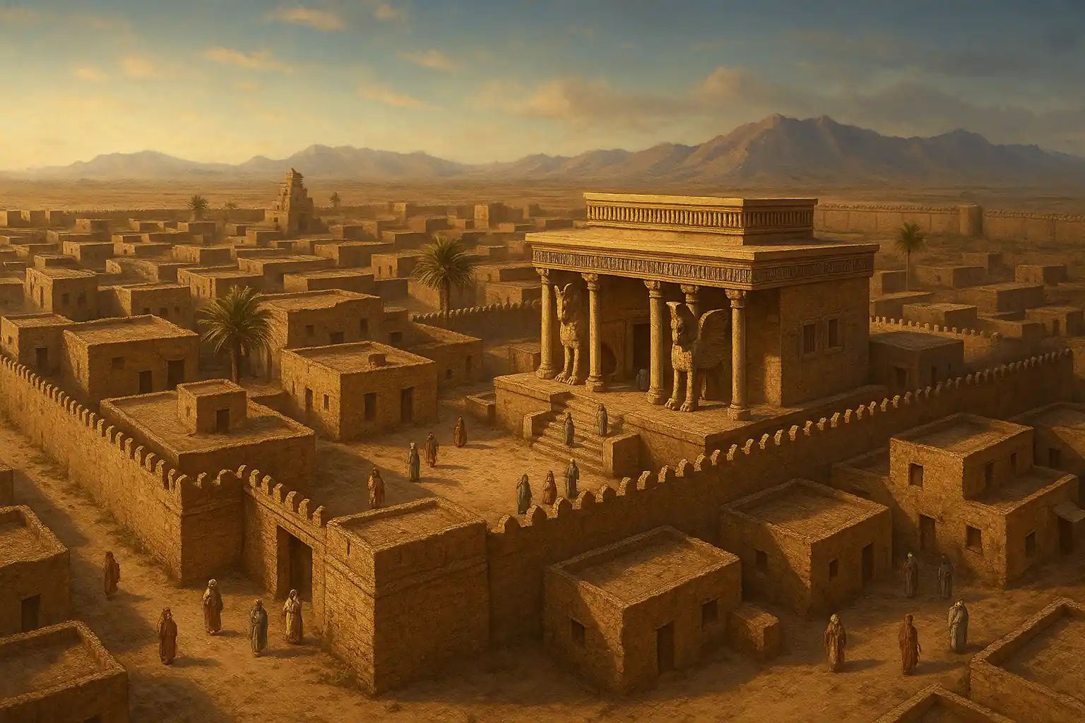 Artistic reconstruction of ancient Zaranj (Zranka), based on Achaemenid-era architecture and desert urban planning. While no detailed records of the city's original layout exist, this interpretation draws from known elements of Persian administrative centers of the time.
